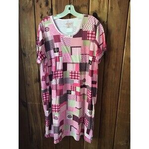 Dreams Co Nightgown Size M Pink Patchwork Short Sleeve V Neck Knee Length
